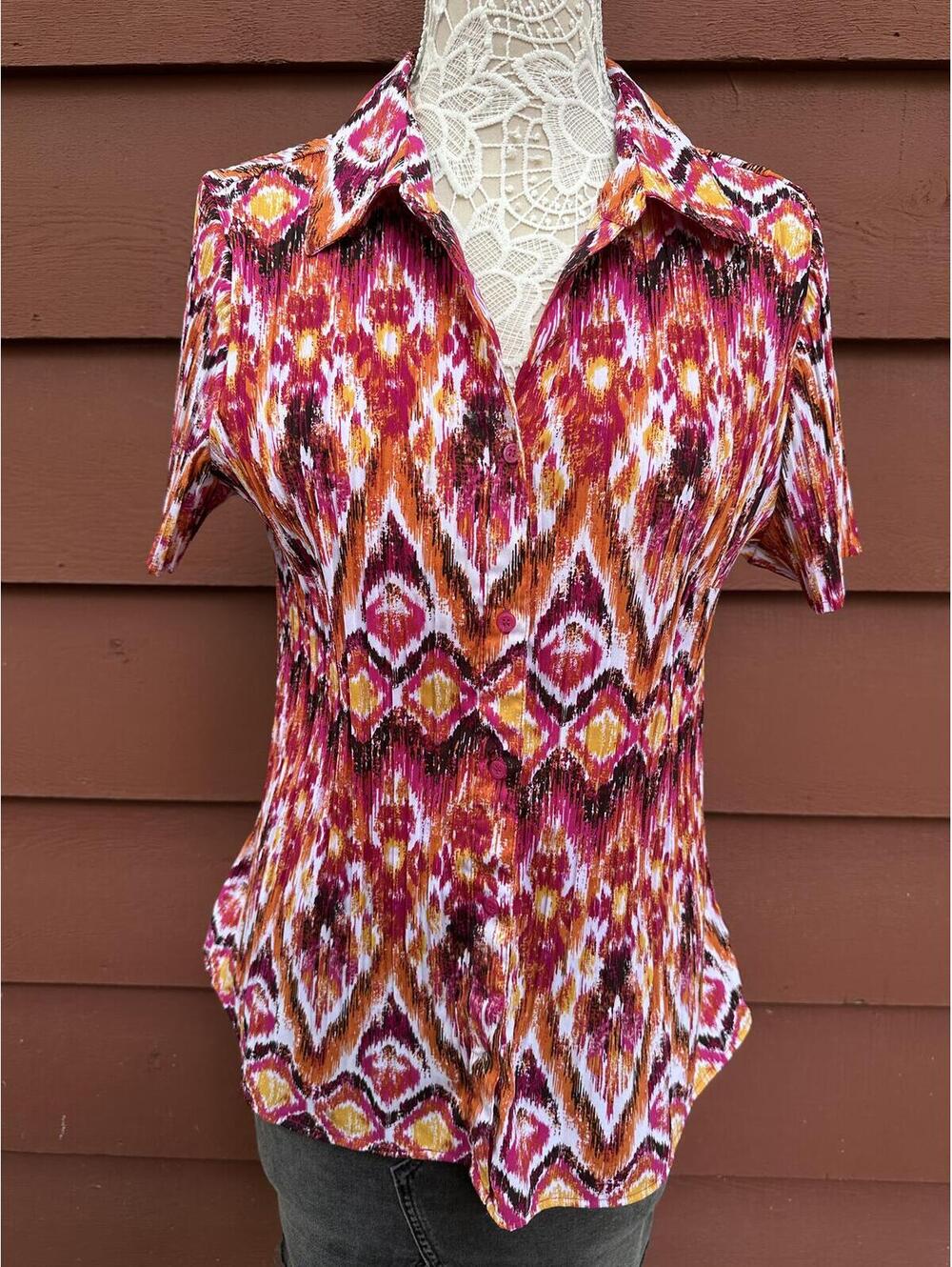 Laura Scott Y2K‎ Ikat Print Short Sleeve Button Front Blouse Top
